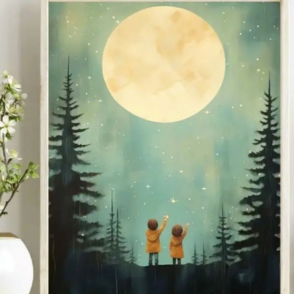 16"L x 12"W Whimsical Children Gazing at Full Moon Starry Night Sky Canvas Print